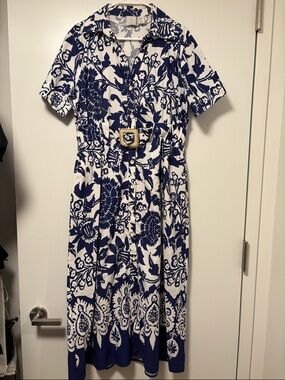 Joie Navy and White Floral Button-Front Midi Dress with Belt